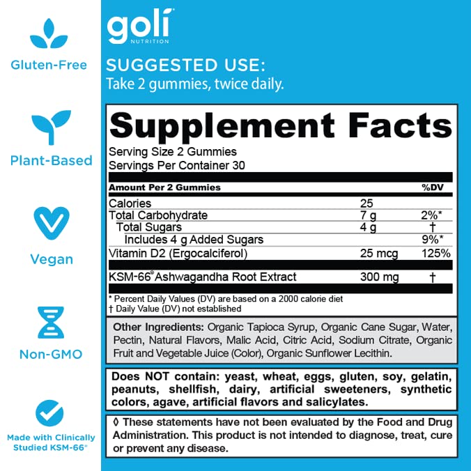 Goli Ashwagandha & Vitamin D Gummy - 300 Count - Mixed Berry, KSM-66, Vegan, Plant Based, Non-GMO, Gluten-Free & Gelatin Free Relax. Restore. Unwind, Pack of 5