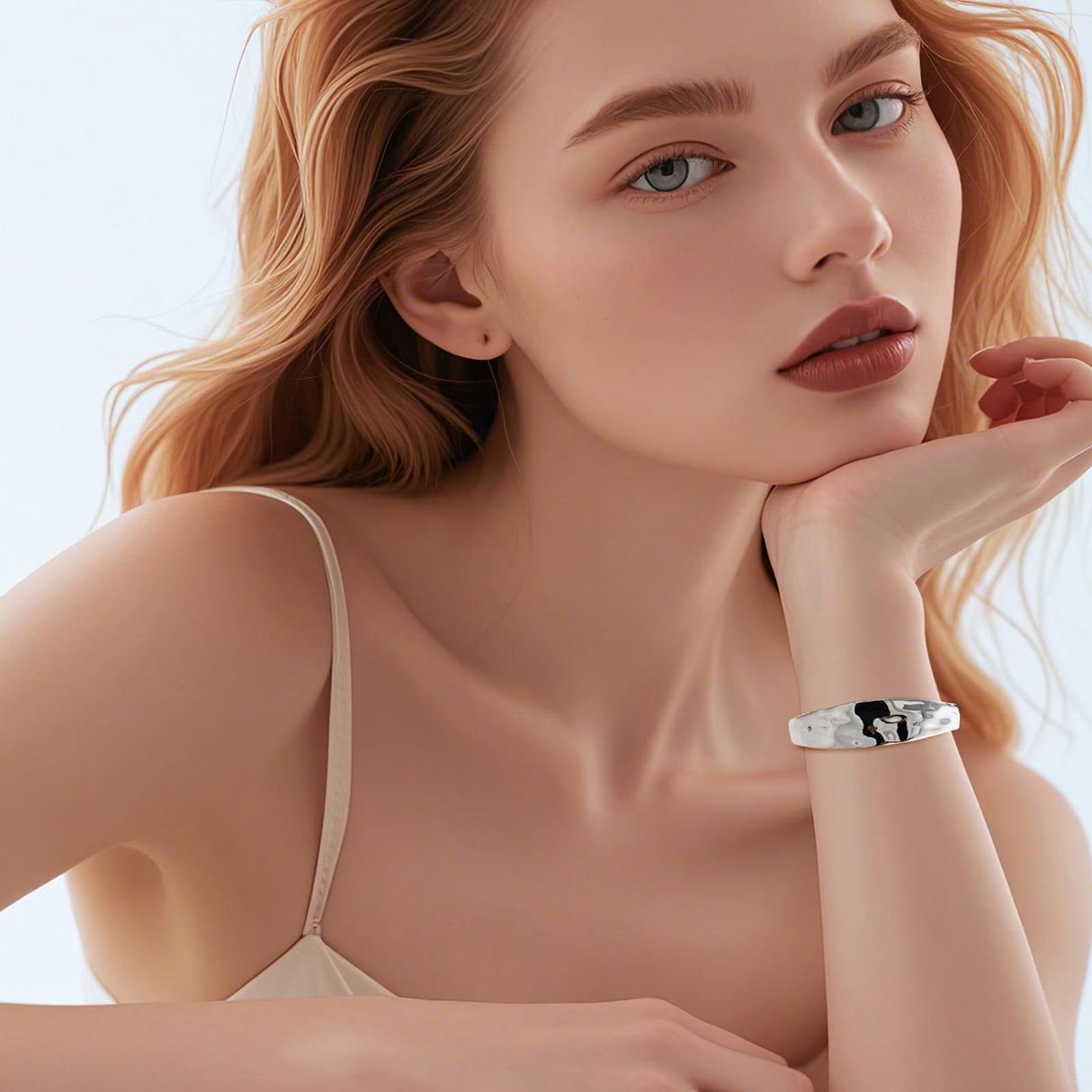 Desnuage Silver Thin Cuff Bracelet Vintage Hammered Texture Style Statement Open Bangle Chunky Bracelets for Women