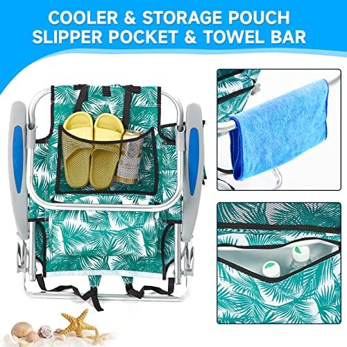 Portable Beach Chair for Adults, Outdoor Lightweight Camping Chair Lay Flat Folding Backpack Beach Reclining Chair with 4 Positions, Headrest, Cooler Pouch, Cup Holder