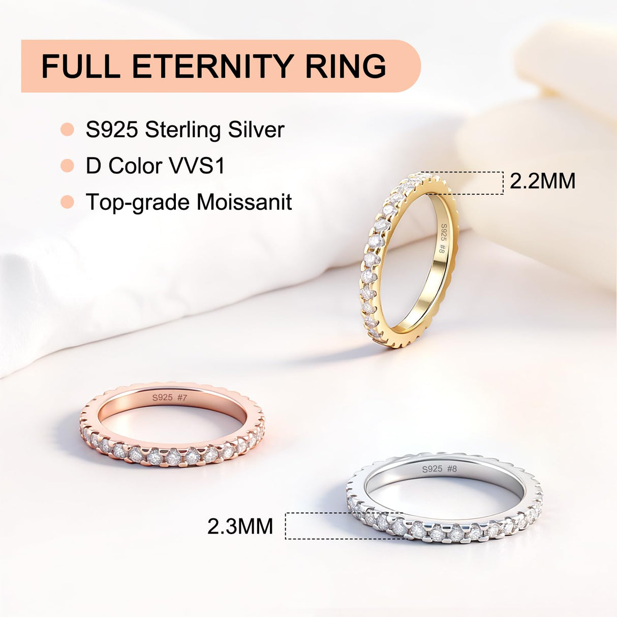 Delzzad Moissanite Rings for Women, Solid S925 Sterling Silver with 18K White Gold Plated Full Eternity Wedding Bands Stackable Engagement Ring - 1CT 2.3mm D Color VVS1 Moissanite Jewelry Anniversary Band (Full Eternity, Silver, 6)