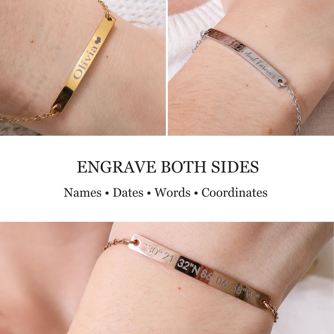 Jexiva Personalized Name Engraved Bar Bracelet for Women/Men – PVD Plated Stainless Steel – Custom ID Tag – Adjustable Chain – Double Side Engraving – Gift for Birthday, Anniversary