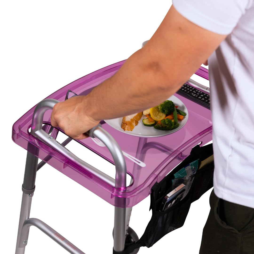 StrongArm Clear View Walker Tray + Bag + Non-Slip Mat & Cup Holder, Tray for Folding Walkers, Food Tray, Walker Accessories, Tray Table for Standard Adult Walkers (Purple)