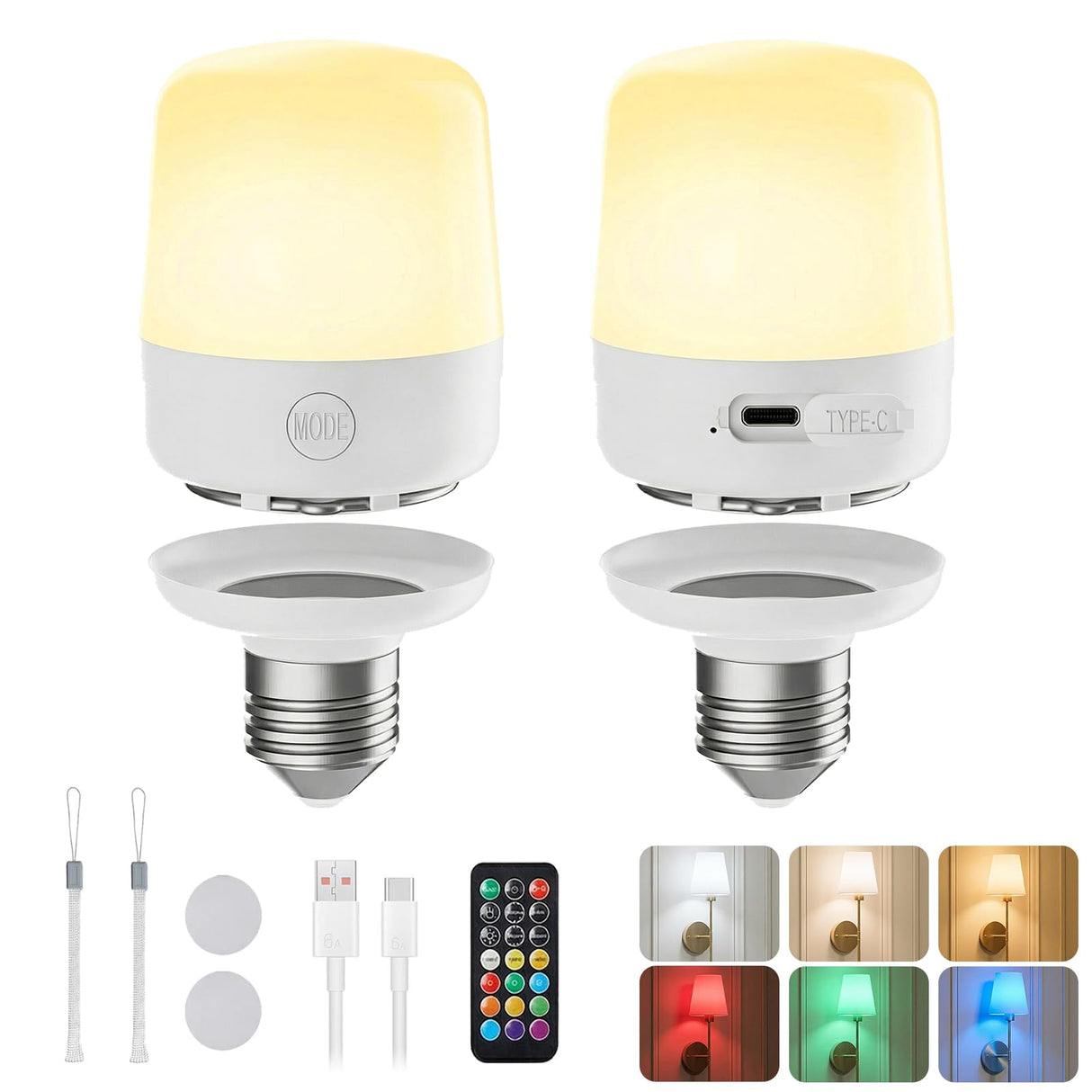 Minetom E26 Rechargeable Light Bulbs with Remote and Timer, Battery Backup Bulb with 12 Colors and Brightness Dimmable, 2300mAh 40W Equivalent LED Light Bulbs for Lamps Sconces Camping, 2 Pack