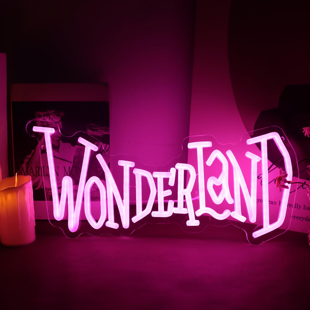 Wonderland Neon Signs Alice In Wonderland Neon Light for Wall Art Decor, Dimmable Pink LED Neon Lights for Bedroom Theme Hotel Bar Decorations Halloween Christmas Kids Gifts 7 * 16 IN