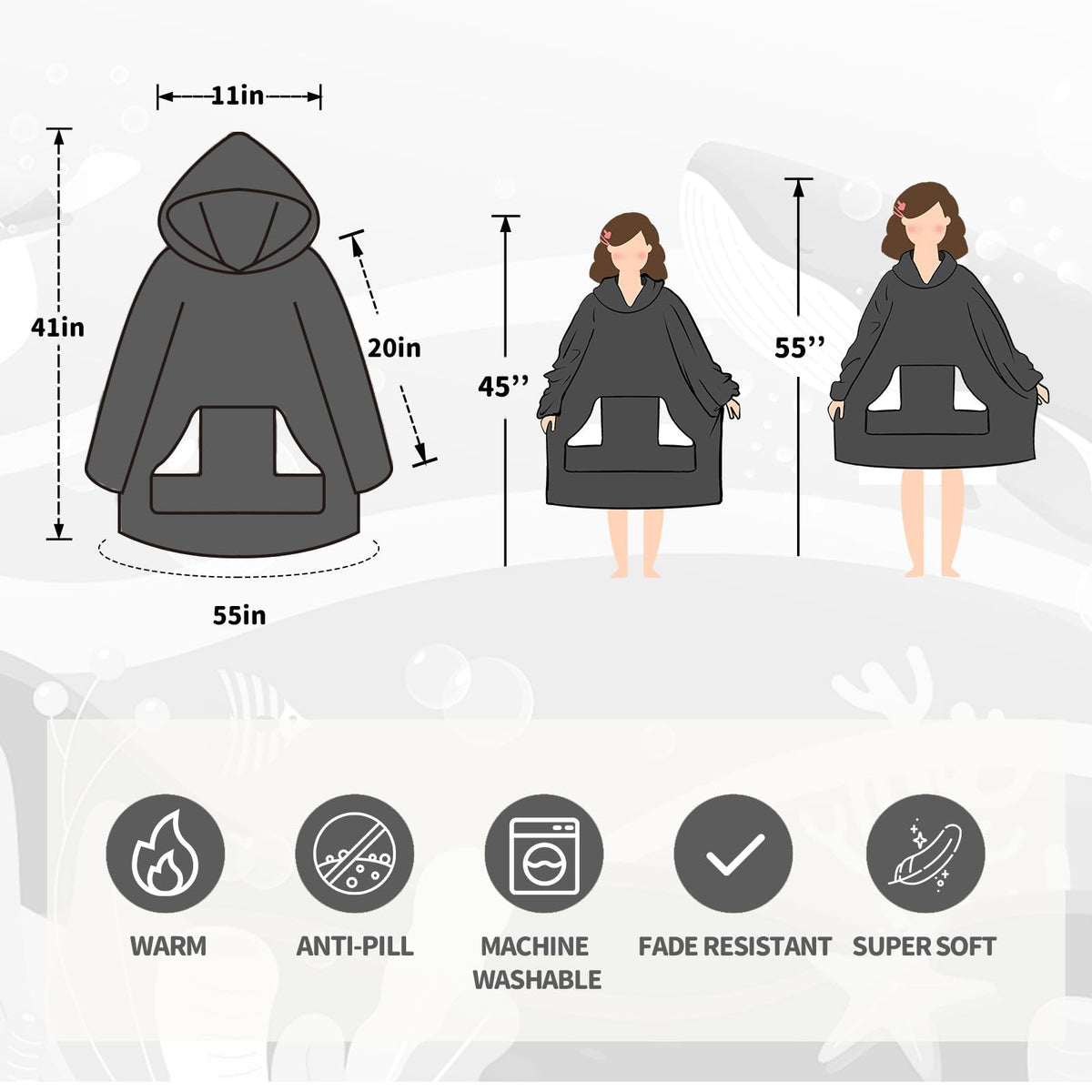 Touchat Wearable Blanket Hoodie for Kids & Teens 6-13 Year Old, Oversized Sherpa Fleece Sweatshirt with Pocket, Soft Cozy Hooded Blankets Christmas Birthday Gift for Boys and Girls, Grey