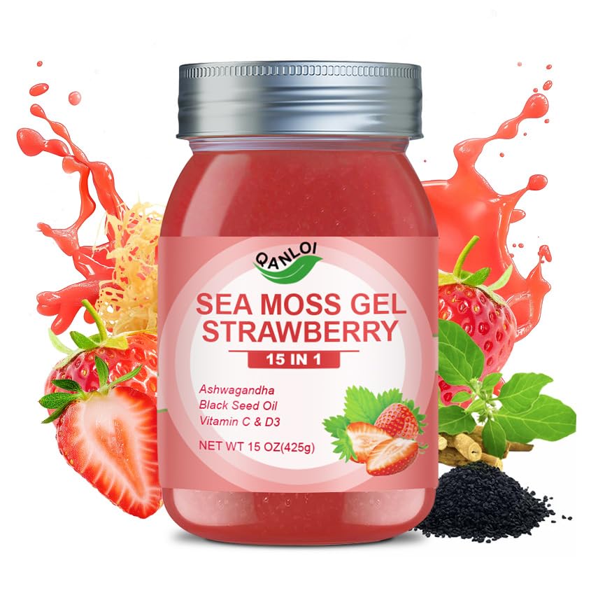 QANLOI 15OZ Strawberry Flavored Sea Moss Gel, 15-in-1 Ingredient, Rich in Ashwagandha, Vitamins and Minerals, Promotes Metabolism & Improves Digestion