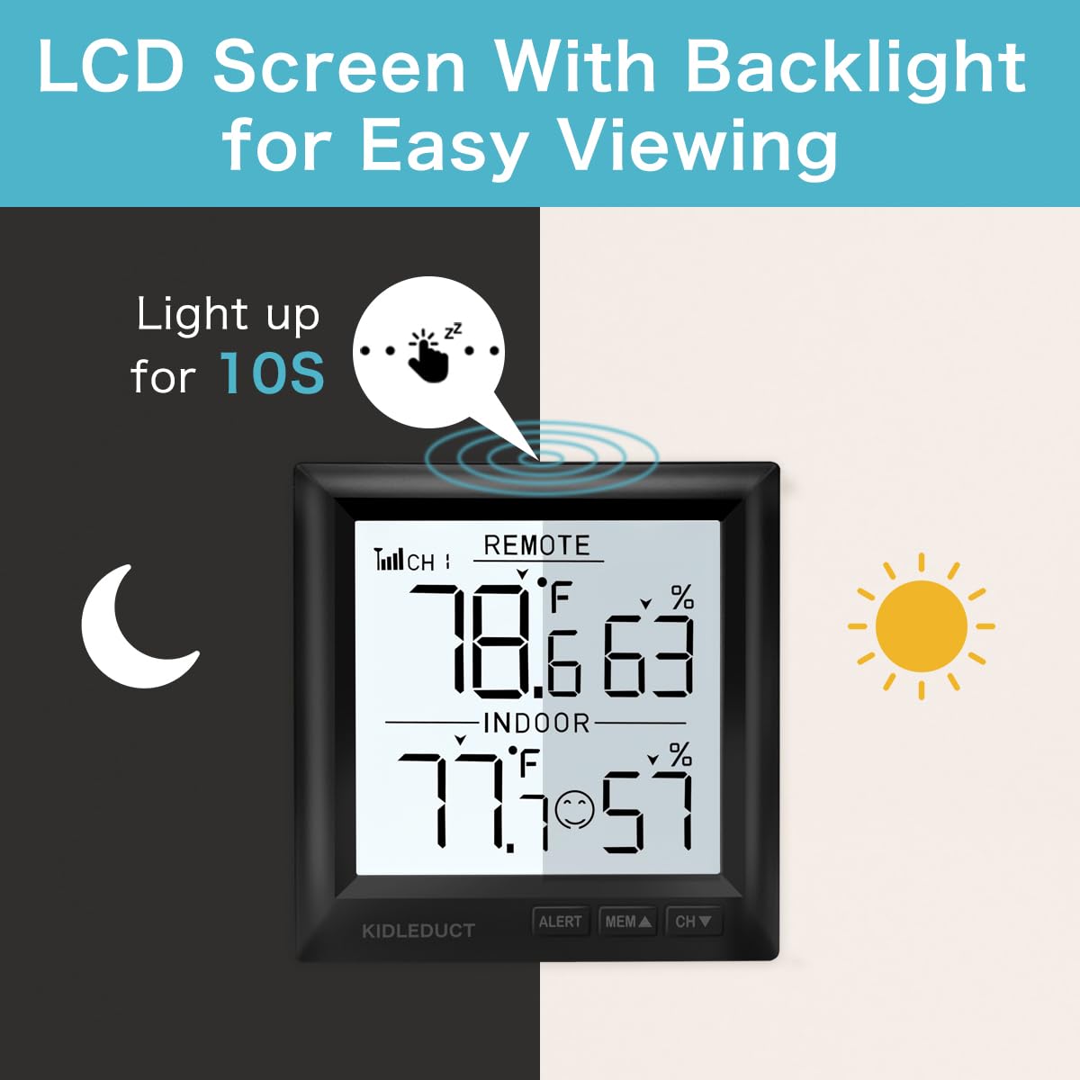 KIDLEDUCT Indoor Outdoor Thermometer Wireless Battery Powered, High Precision Inside Outside Humidity Temperature with Alert, Backlight Weather Thermometers with 1 Sensor, 330ft Wireless, Black