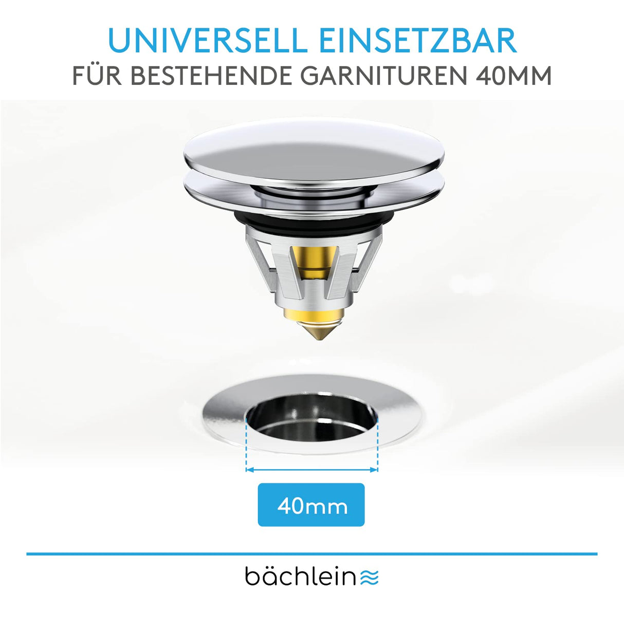 Bächlein Universal Pop Up Washbasin Plug - Chrome Drain Strainer for Washbasins - 40mm Drain Valve Plug with Hair Strainer