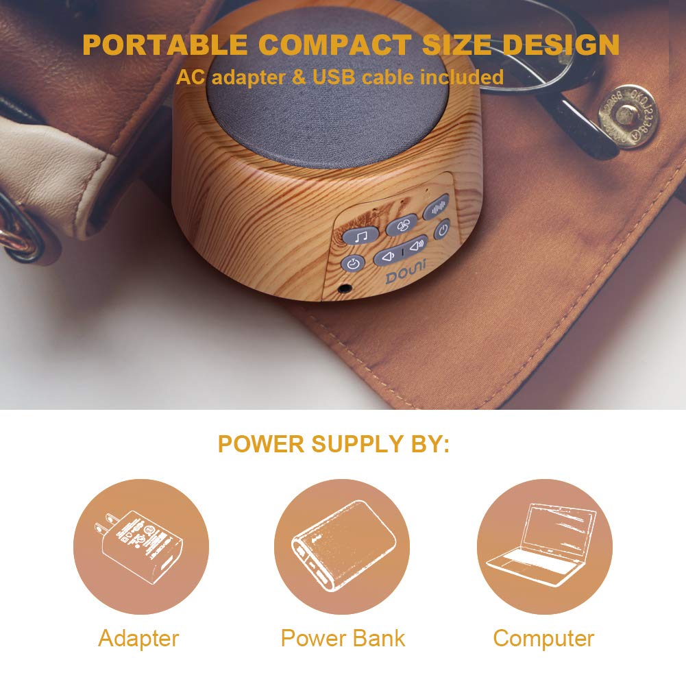 DOUNI White Noise Machine with 27 Soothing Sounds Timer, Adjustable Volume, Memory Function for Sleeping, Relaxation,Sound Machine for Kid,Adult,Nursery,Home,Office,Travel.Wood Grain