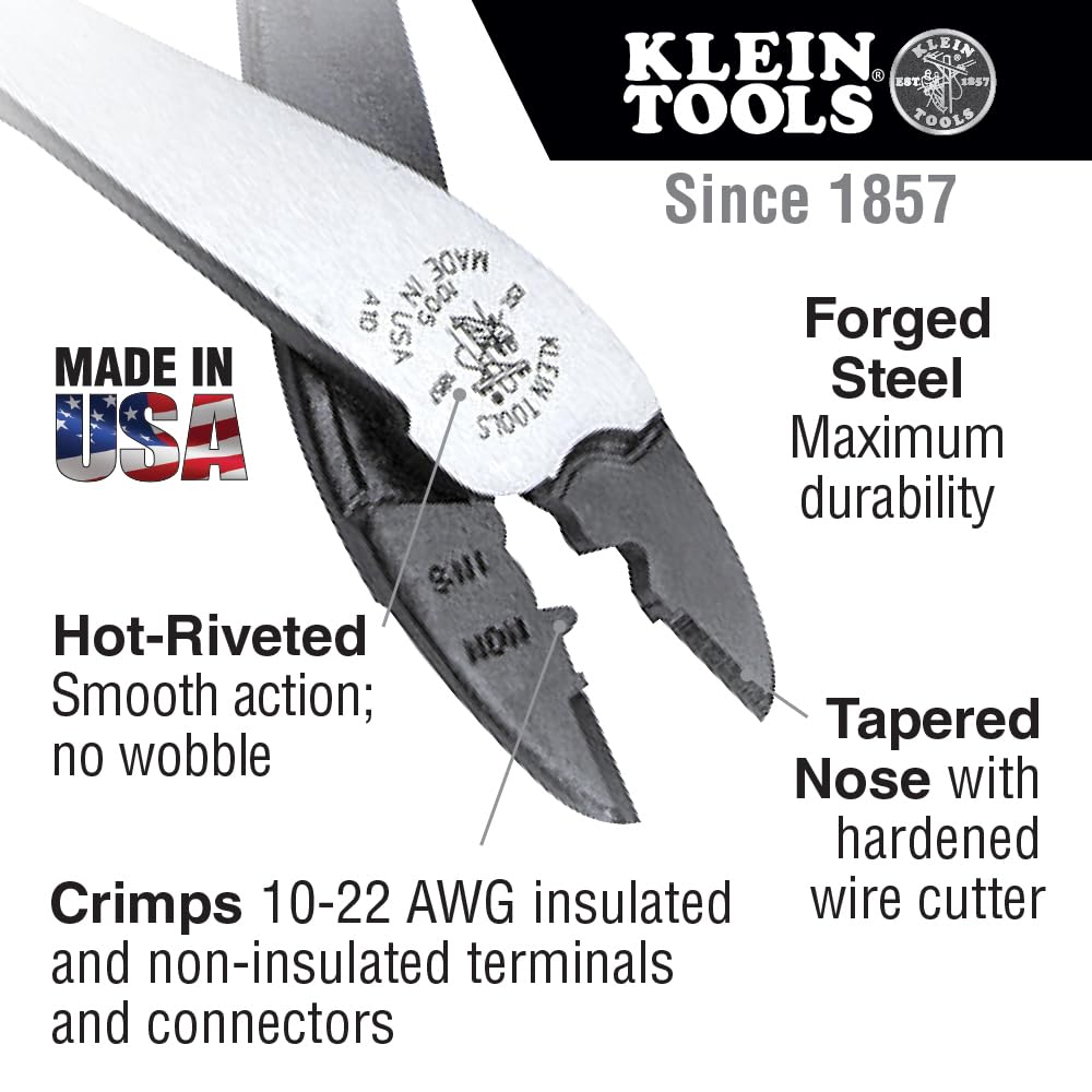 Klein Tools 1005 Cutting/Crimping Tool, Made in USA, Cutter/Crimper for 10-22 AWG Terminals and Connectors, Crimper for Insulated and Non-Insulated Terminals