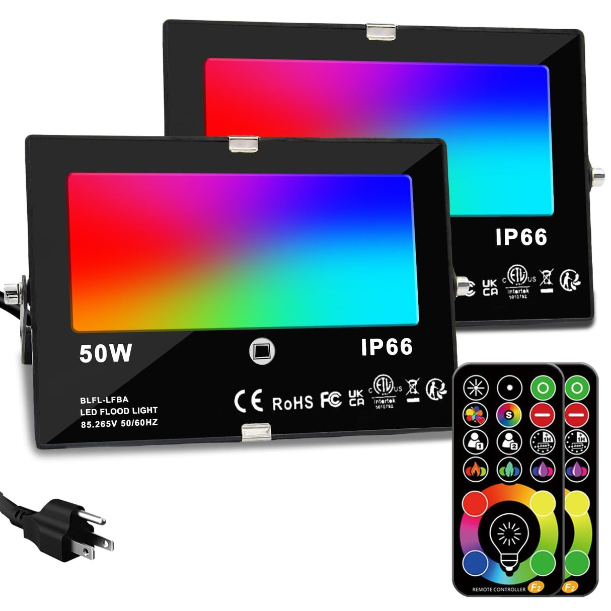 HEKEE LED Flood Light Outdoor, 50W RGB Color Changing Floodlight with Remote Control, RGBW 120 Colors, 2700K, 5000 Lumens, IP66 Waterproof, DIY Strobe Mode, Timing, for Halloween/Christmas (2 Pack)
