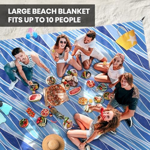 Extra Large Beach Blanket Waterproof & Sandproof 9'x10'8" for 10 People - Beach Essentials for Family, Picnic, Concert, Travel - Includes 4 (+2) Stakes - by Everlasting Comfort