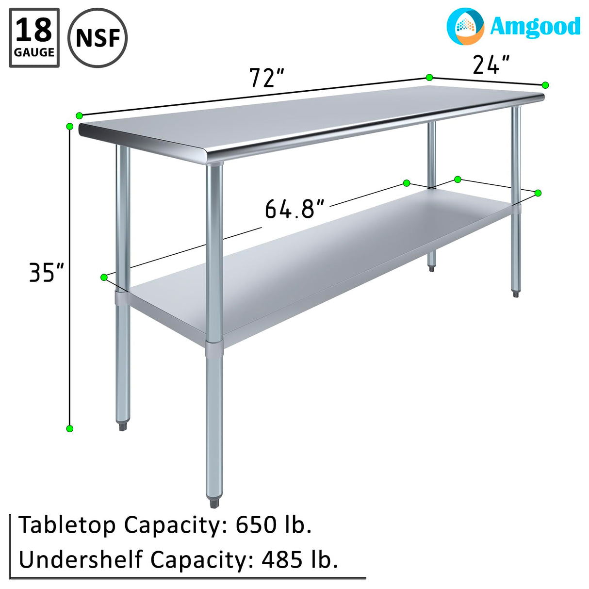AmGood 24 in. x 72 in. Stainless Steel Work Table | Metal Kitchen Food Prep Table | NSF