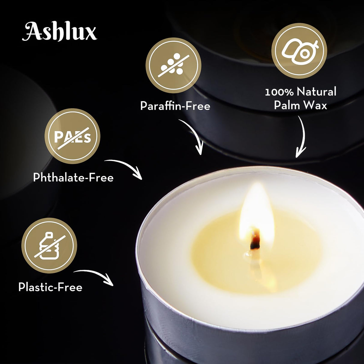 Ashlux Unscented Palm Tea Lights Candles 100 Pack Bulk, 8 to 9 Hours Long Burning White Tea Lights,Non-Paraffin, Smokeless, Mini Tealight Candles for Wedding, Christmas Lights, Party, Power Outages