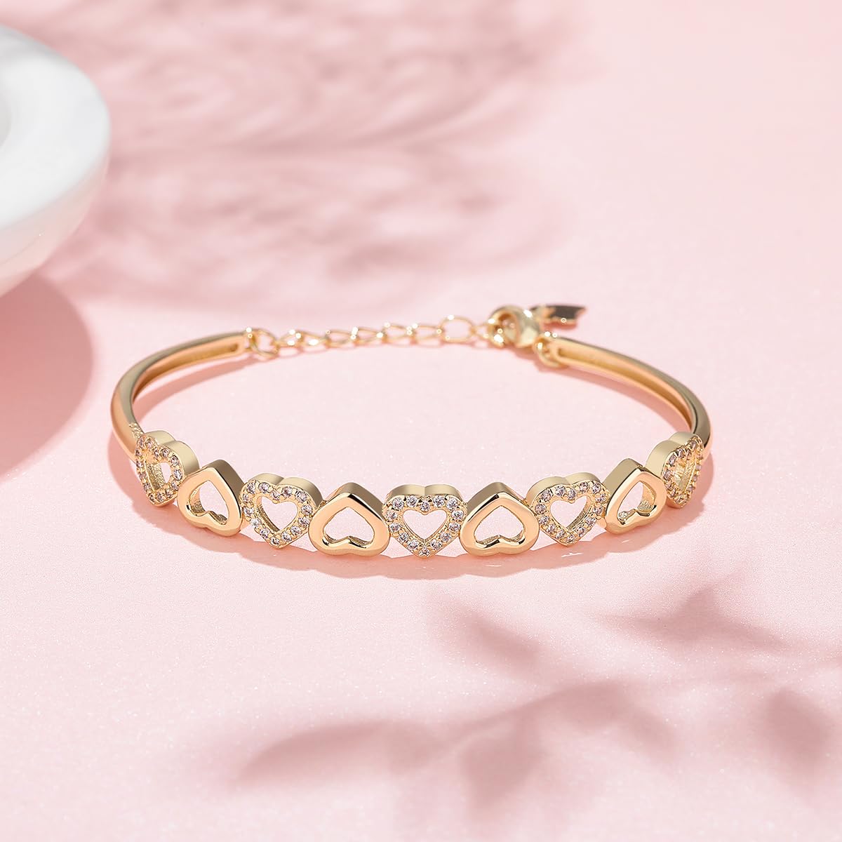 Amy & Annette 14K Gold Plated Heart Bangle Bracelet for Women with Crystals - Adjustable Gold Bangles, Heart Bracelets for Women, Cute Bangle, Gold Plated Bracelets