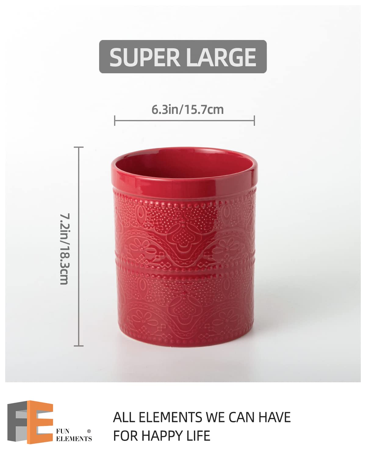 FUN ELEMENTS Kitchen Utensil Holder, 7.2" Super Large Utensil Crock Heavy and Stable Lace Emboss Ceramic Utensil Holder for Kitchen Counter (Christmas Red)