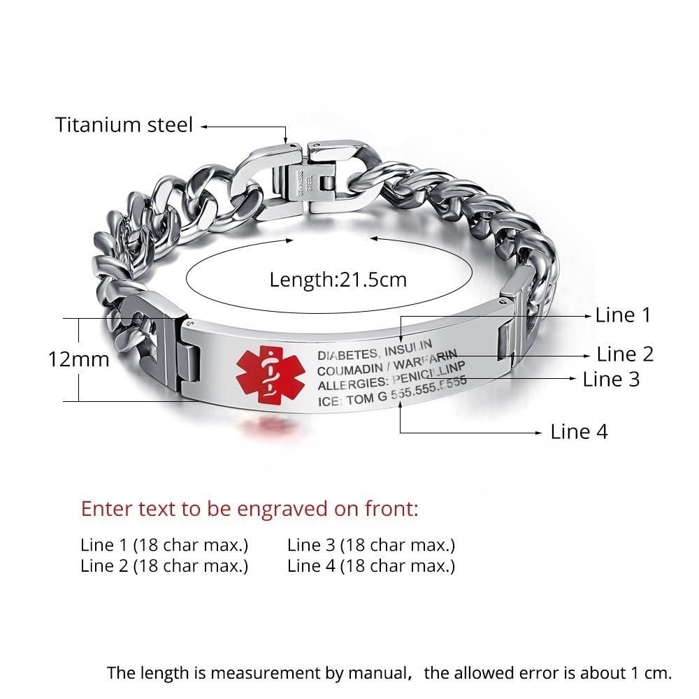 Custom Engraved Medical Alert Bracelet for Men and Women, Titanium Steel