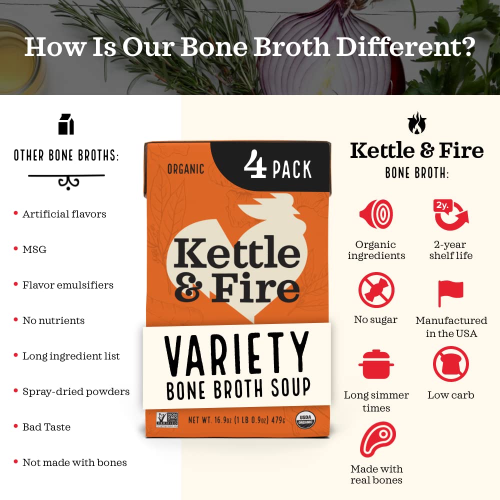 Kettle and Fire Beef and Chicken Beef Bone Broth Variety Pack, Keto, Paleo, and Whole 30 Approved, Gluten Free, High in Protein and Collagen, 4 Pack