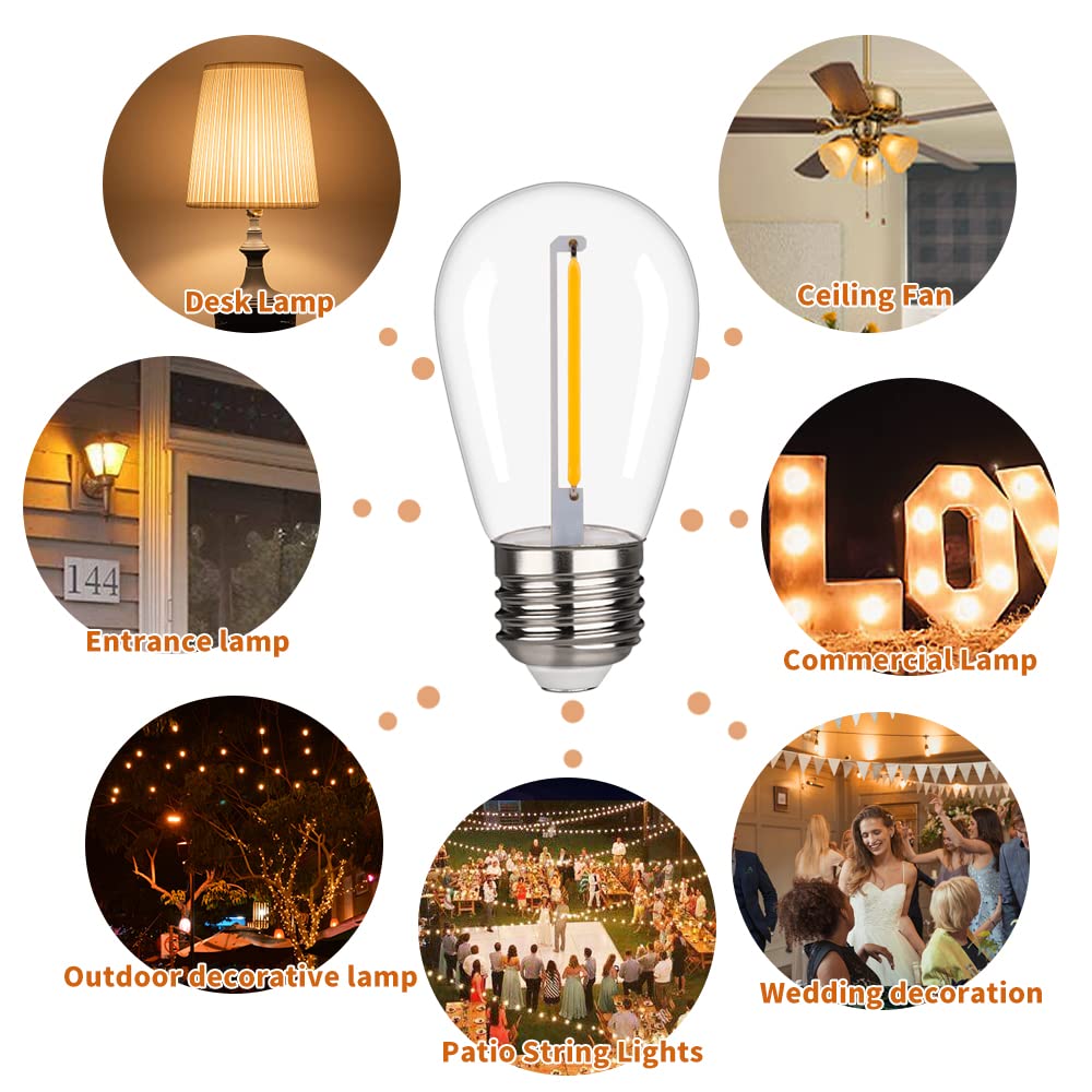 S14 Replacement LED Light Bulbs, Shatterproof & Waterproof 1W S14 LED Bulbs, E26 Base Patio Edison LED Light Bulbs for Outdoor String Lights , Warm White 2200K Plastic 70LM Non-Dimmable 48 Pack