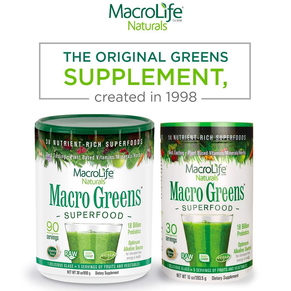 MacroLife Naturals Macro Greens Powder 38 Superfood Probiotic Antioxidant Enzyme & Herbal Supplement Immunity Energy Cleanse - Non-GMO Vegan Gluten-Free Dairy-Free - 30oz (90 Servings)