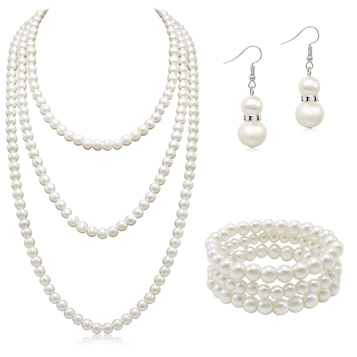 Long Pearl Necklace for Women Layered Cream White Faux Pearl Beads Strand Necklace Pear Stretch Bracelets Earring Costume Jewelry Set,3Pcs,Christmas Jewelry for Women