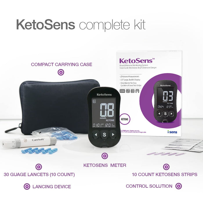 KetoSens Blood Ketone Monitoring Starter Kit: Ideal for Keto Diet with App. Includes 1 Meter, 10 Ketone Test Strips, 10 Lancets (30G), 1 Lancing Device & 1 Case