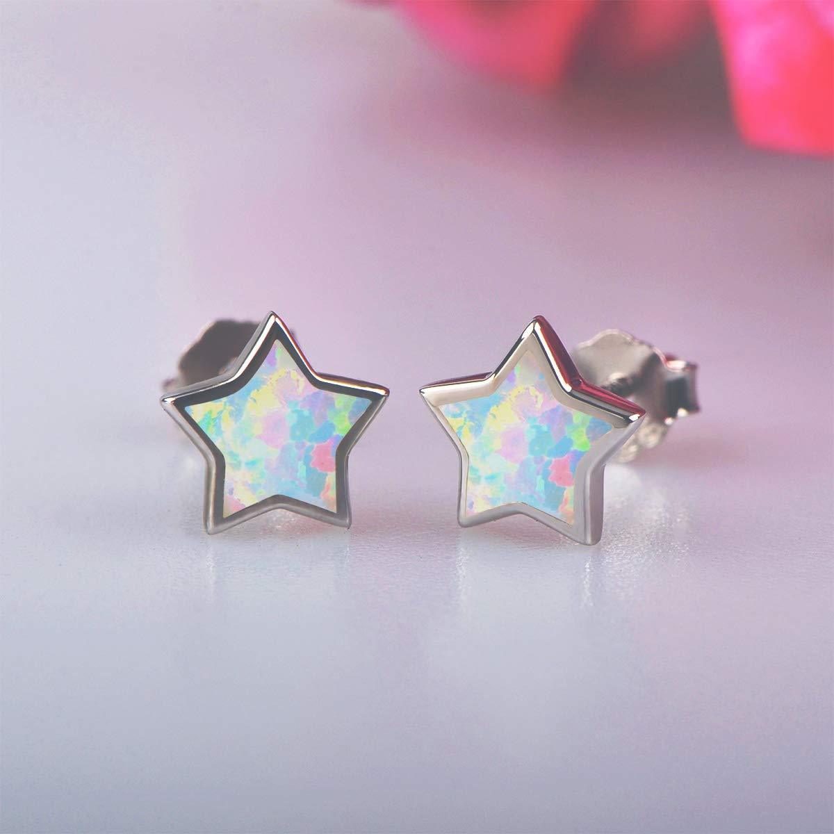 Hypoallergenic Star Girls Earrings, S925 Sterling Silver Post Fire Opal Stud Earrings For Women ARSKRO Tiny Little Small Cute Earring Jewelry Gifts for Kids Sensitive Ears