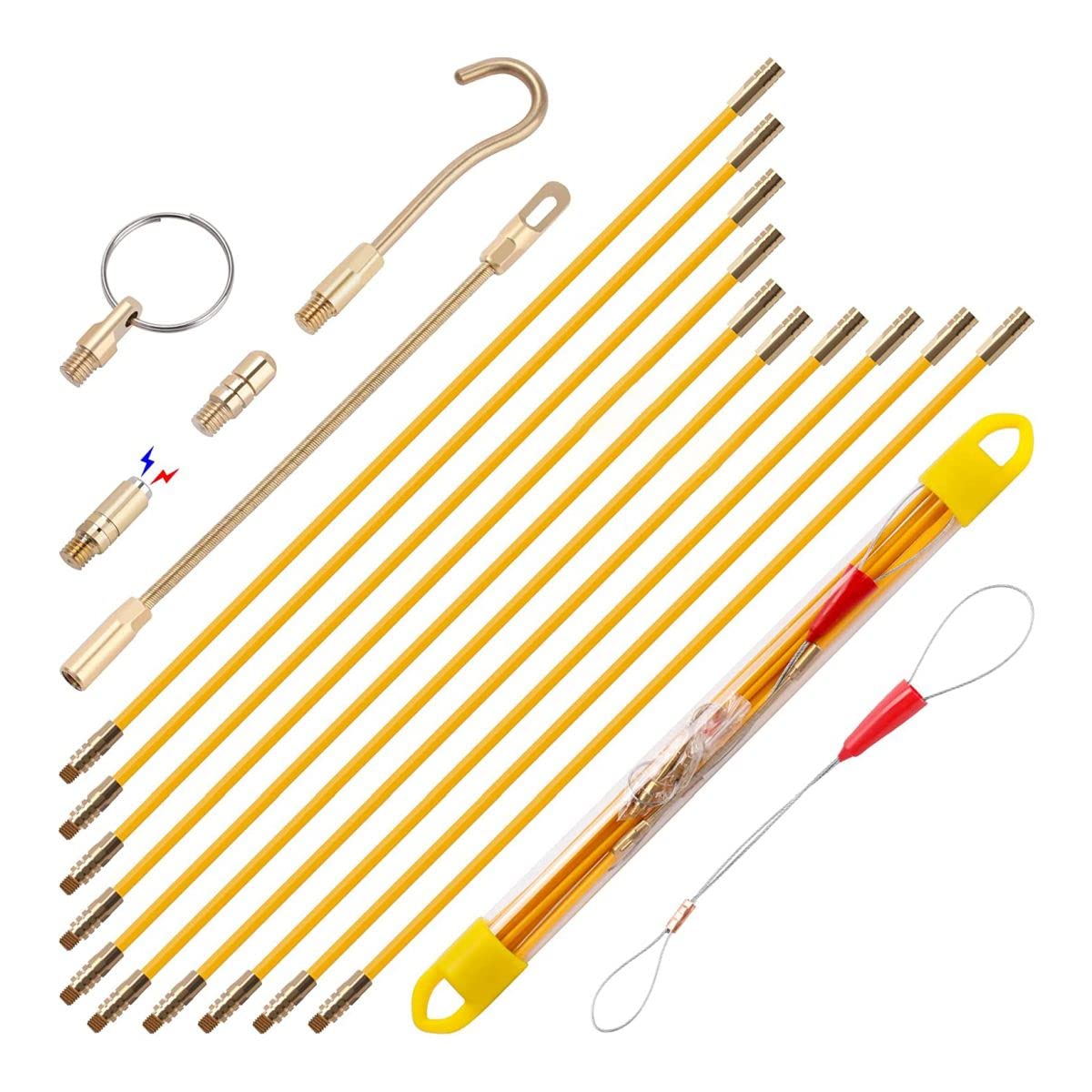 Boeray 33' Fiberglass Running Electrical Wire Cable Pulling Fish Tape kit with 5 different attachments in a Carrying Case