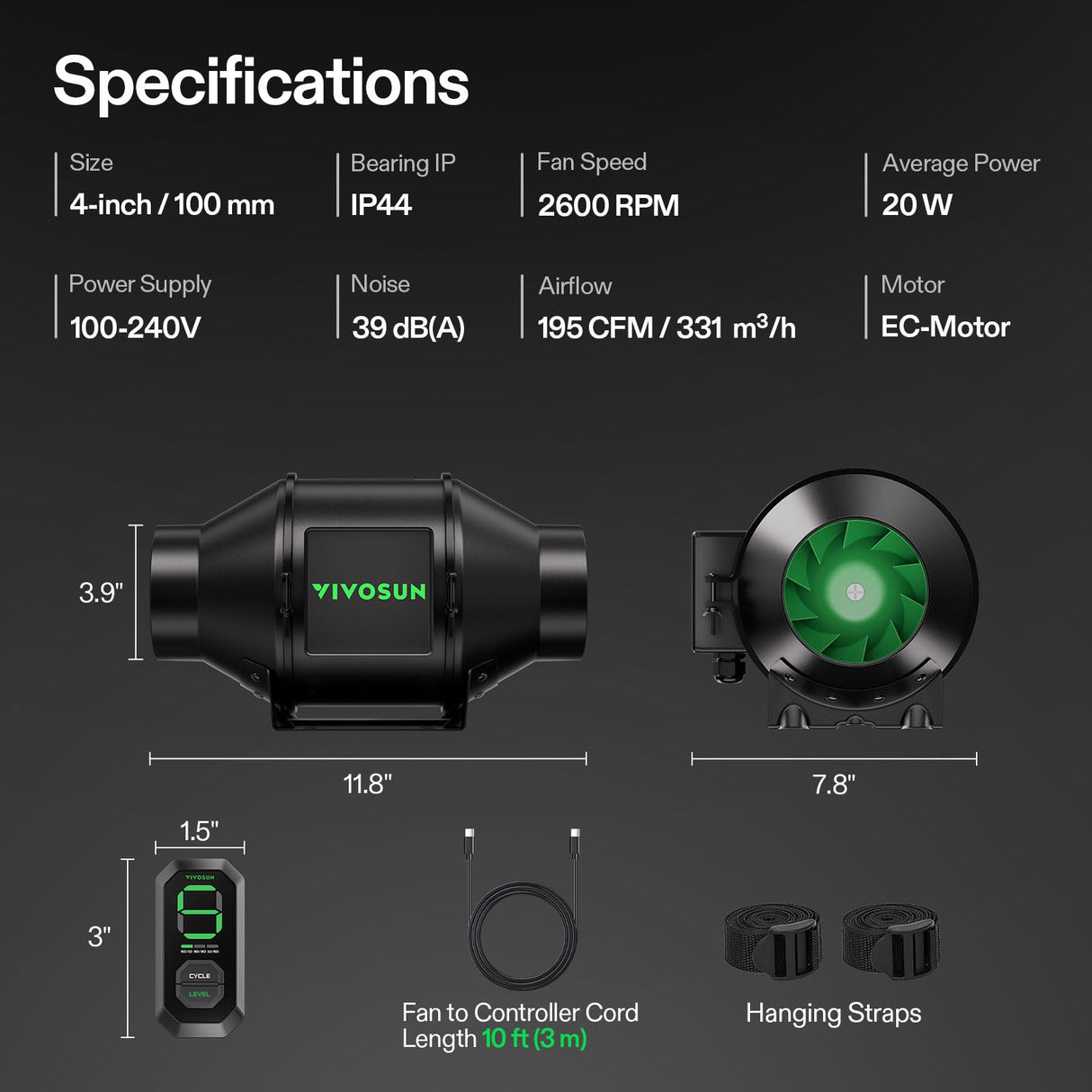 VIVOSUN G4 4" Inline Fan &Cycle Mode Speed Controller, 195 CFM Aerozesh Fan
