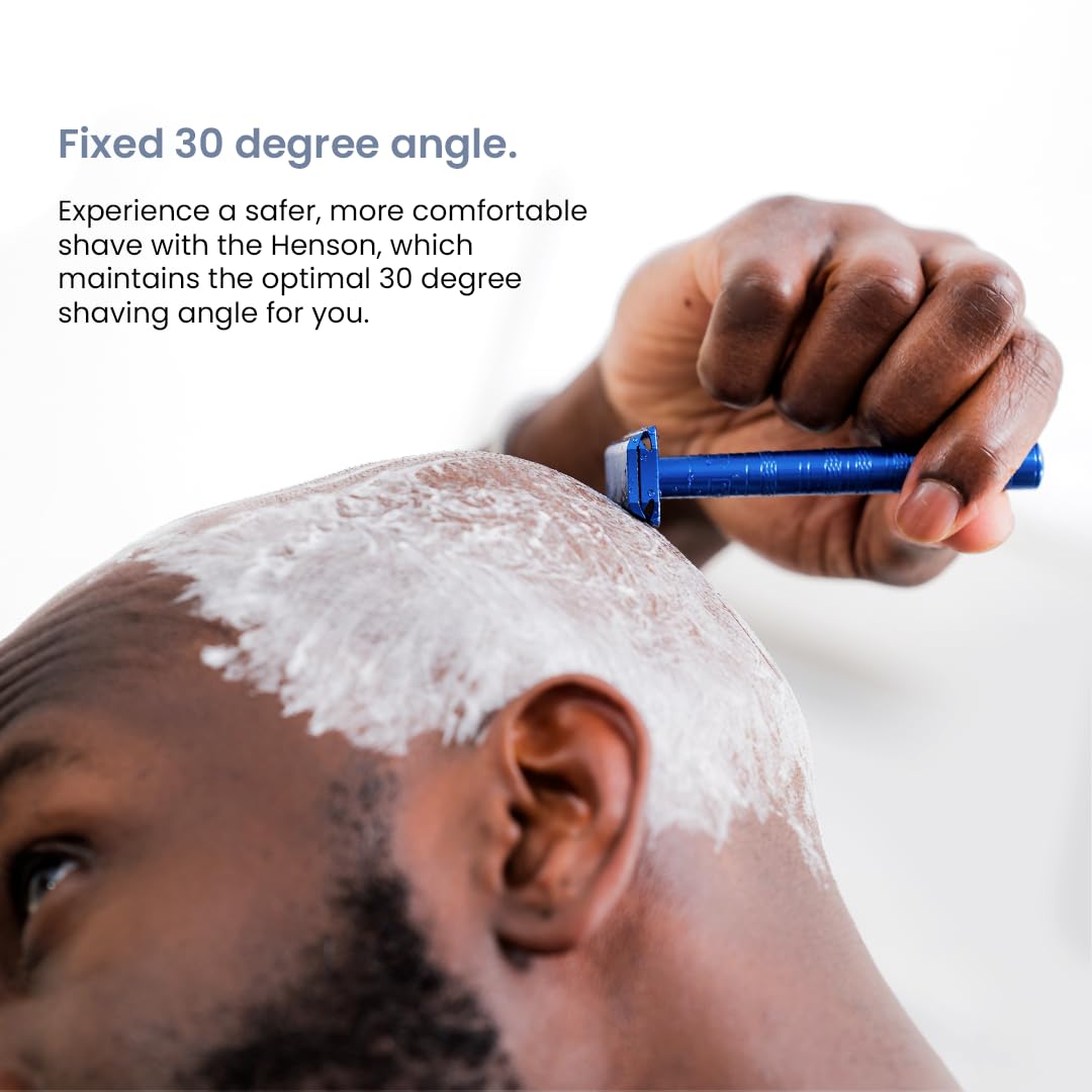 Henson Shaving Razor - Steel Blue Double Edge Safety Razor with 5 Spare Blades - 30° Angled Precision With Superior Blade Rigidity- Reusable Single Blade Razors For Men and Women - Mild Aggression