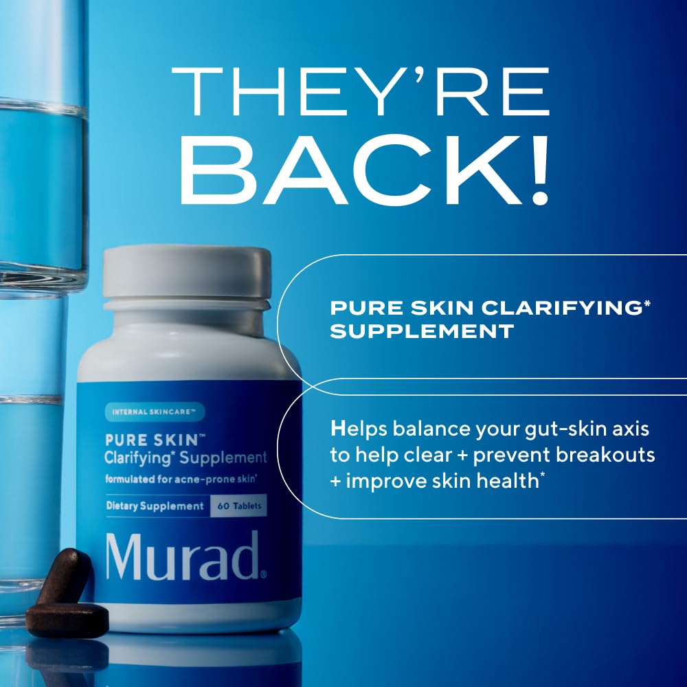 Murad Pure Skin Acne Supplements – 60 Tablets – Clear Skin Support with Blend of Vitamin A & B6, Zinc, Amino Acids, & Burdock Root – Promotes Healthy Skin, Oil Balance, Gut Health & Stress Relief
