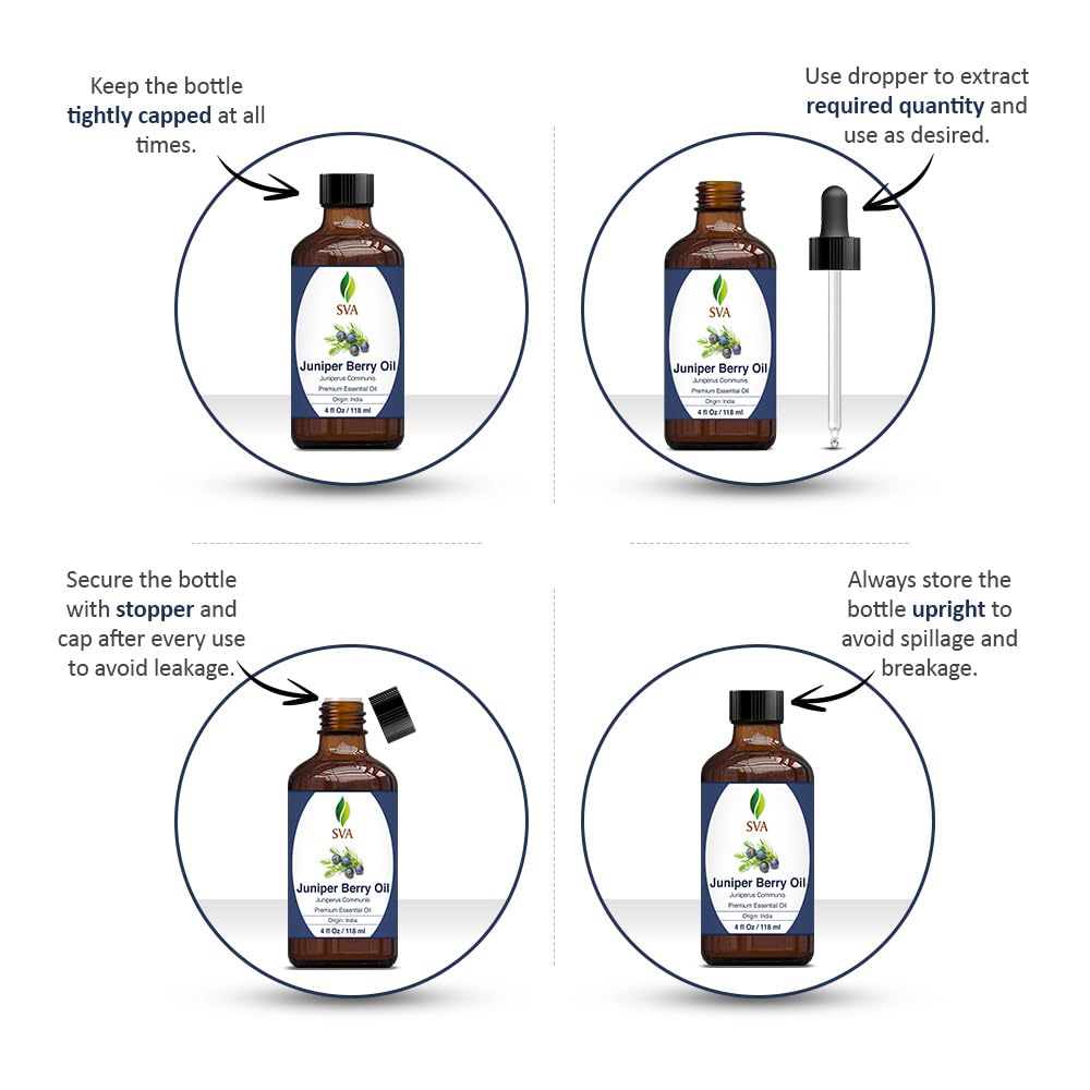 SVA Juniper Berry Essential Oil – 4 Fl Oz – 100% Natural Juniper Oil - for Diffuser, Hair Care, Face, Skin Care, Aromatherapy, Scalp and Body Massage, Soap and Candle Making – with Dropper