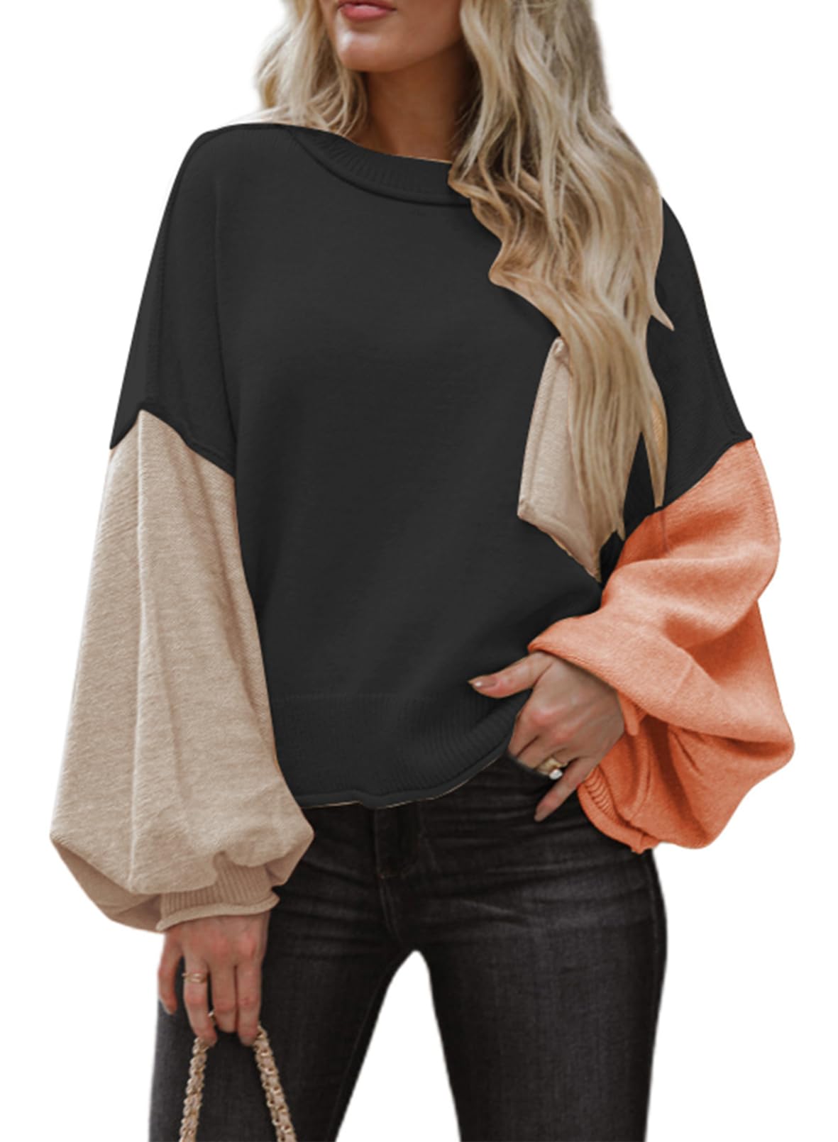 Dokotoo Christmas Sweaters Black Womens Sweaters for Women Color Block Crewneck Winter 2025 Fashion Trendy Lightweight Sweaters Tops Long Sleeve Casual Ribbed Hem Knitwear Lantern Pullover Sweater