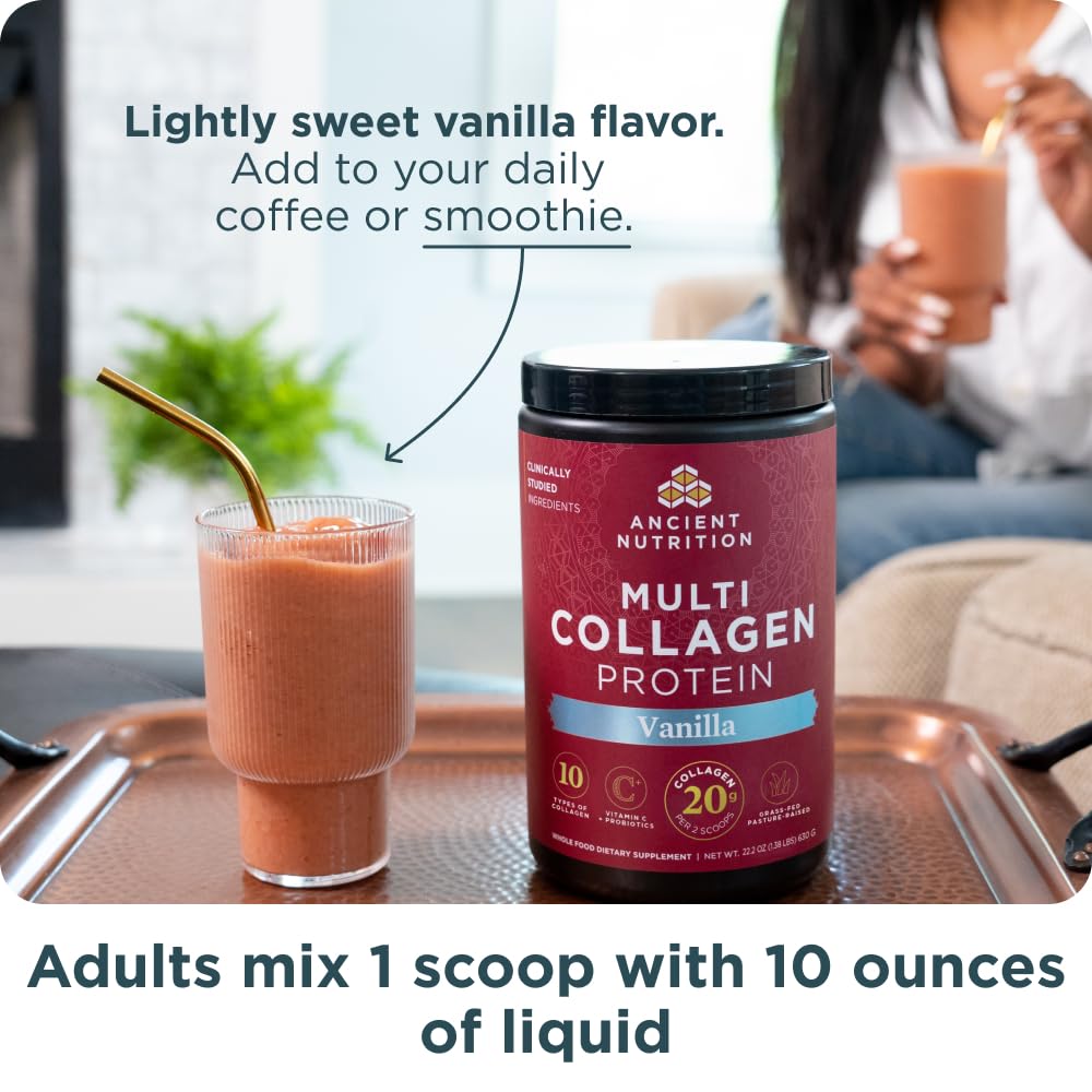 Collagen Powder Protein by Ancient Nutrition, Multi Collagen Vanilla Protein Powder, 45 Servings, with Vitamin C, Hydrolyzed Collagen Peptides Supports Skin and Nails, Gut Health, 16.7oz