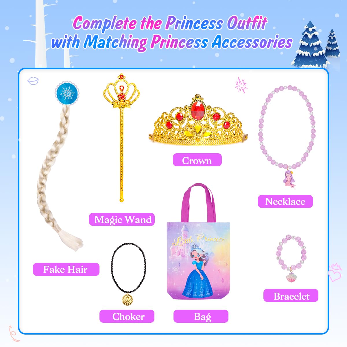 Meland Princess Dress Up - Dress Up Clothes for Girls with Princess Toys, Christmas Birthday Gift for Girls Age 3-8 Year Old (4 Princess with Bag)
