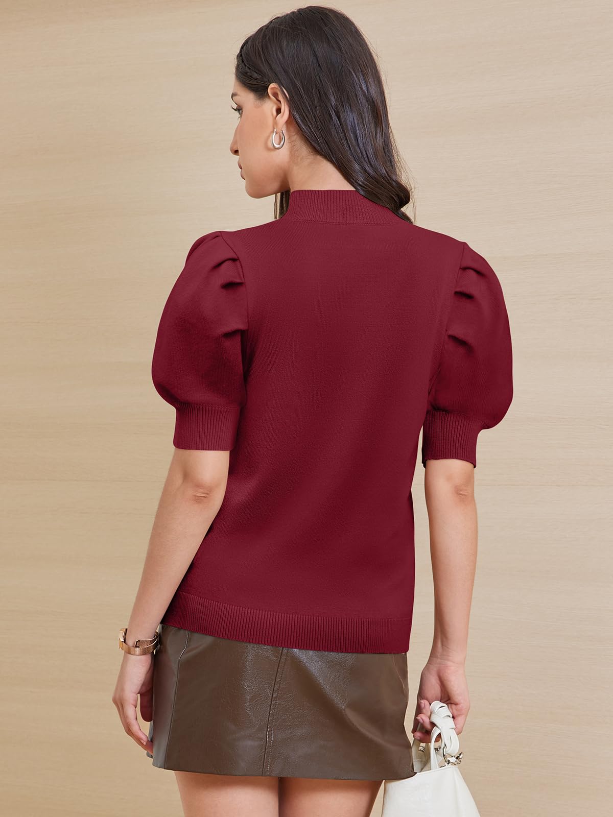 ATHMILE Women's Puff Short Sleeve Sweater Tops 2025 Fall Winter Trendy Crew Neck Casual T Shirts Blouses Christmas A-Wine Red