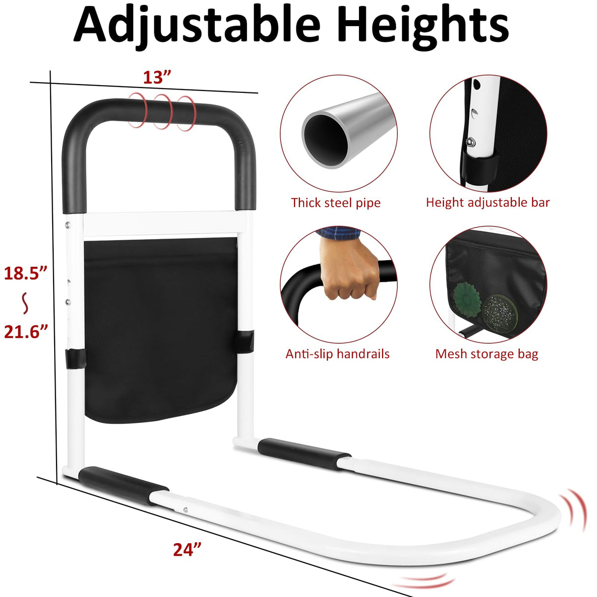 UHdod Bed Rails for Elderly Adults Safety with Motion Light Storage Pocket, Adjustable Heights Bed Cane Stable, Bedside Assist Bar Protects Seniors from Falling, Bed Assist Rails Fits Any Bed