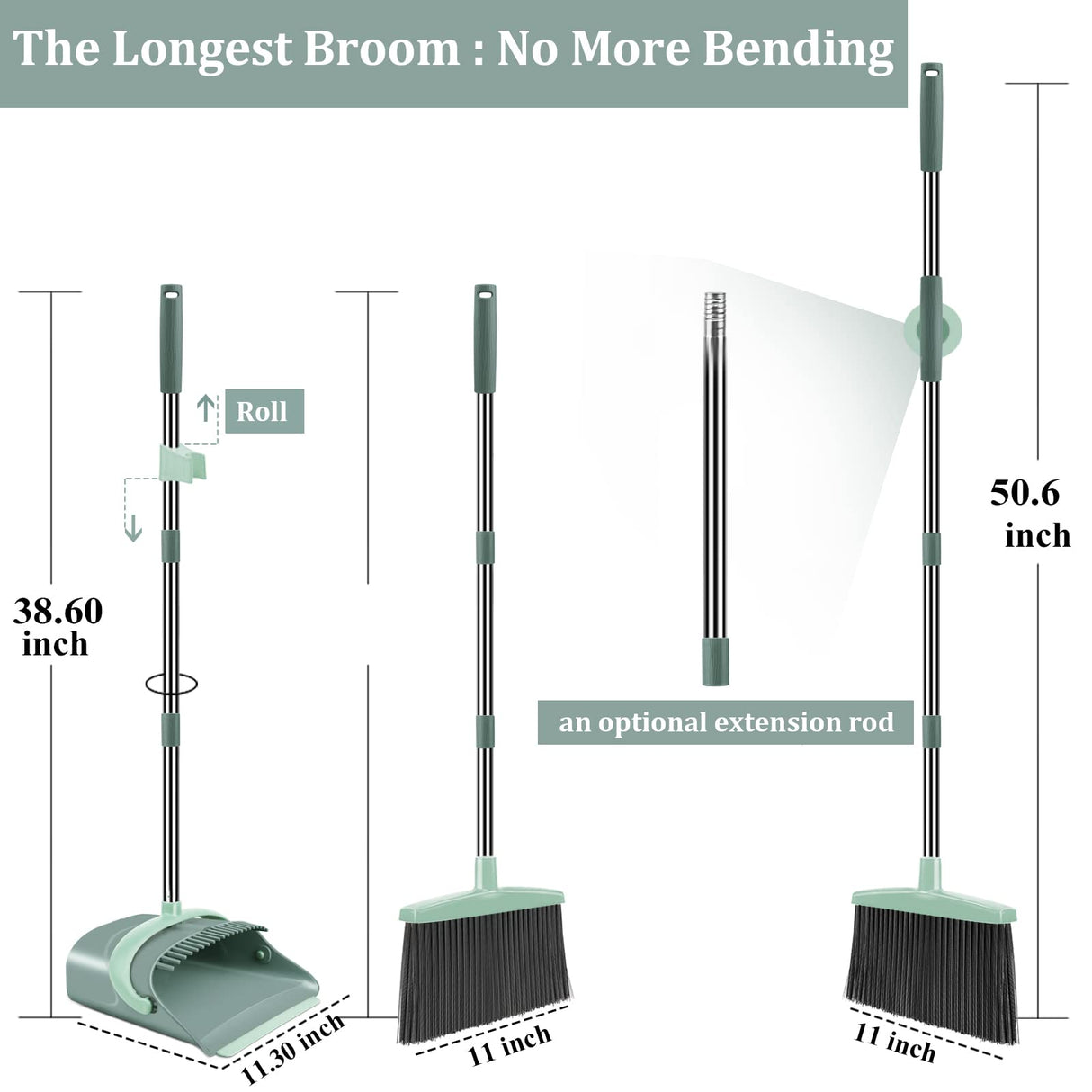 Broom and Dustpan Set for Home, Dust pan with Long Handle, Broom with Dustpan Combo Set, for Home Kitchen Room Office Lobby Floor Use Upright Stand Up Sweeping (Gray&Green)