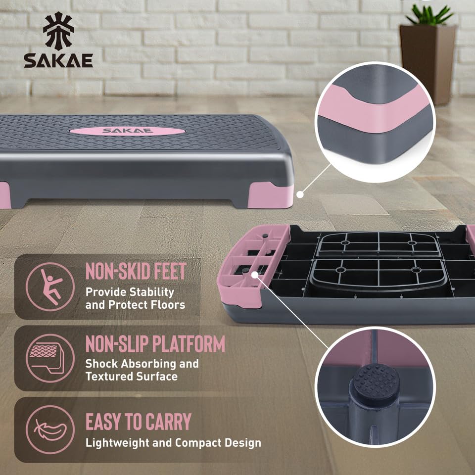 Aerobic Stepper Set with Dumbbells & Measuring Tape, Adjustable Height 2 Level Risers Workout Exercise Step Platform, Pink Grey, the Ultimate Gift for a Joyful Holiday and Merry Christmas