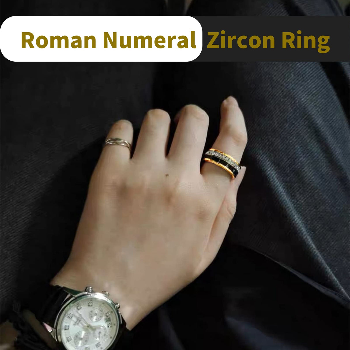 Ropartman 18K Gold Plated Roman Numeral Cubic Zirconia Ring for Men, Square CZ Gold Rings for Men, Spinner Silver Mens Rings Stainless Steel Size 5-13 (Gold Zirconia Ring, 8)