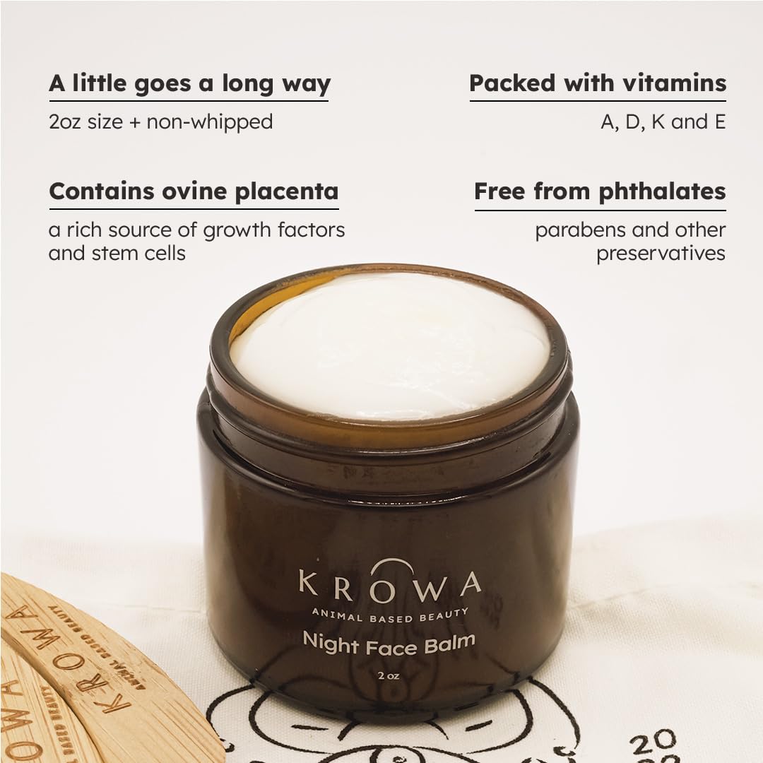 Krowa Night Face Balm - Grass Fed Tallow Cream w/Essential Oils. Growth Factors & Stem Cells for Natural Skin Rejuvenation. Collagen and Elastin to Boost Skin Renewal. Clean Beauty, No Additives
