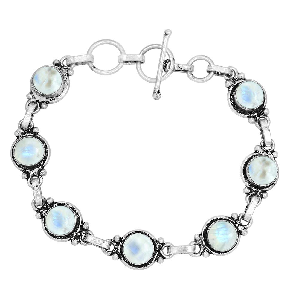 Natural Moonstone 925 Silver Plated Round Gemstone Link Bracelet for Women