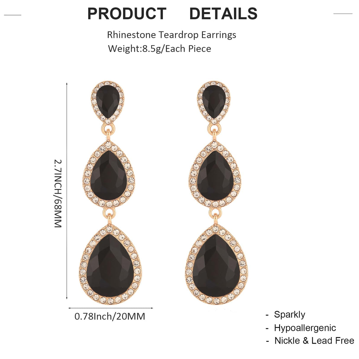 Black Earrings for Women, Vintage Rhinestone Teardrop Statement Earrings