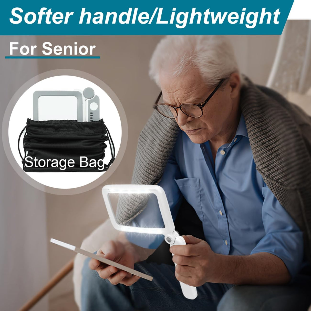 Rechargeable Magnifying Glass with Light for Reading, 5X Large Page Magnifier with LED Lighted for Seniors Low Vision, Folding Handheld Lightweight Rectangle Magnifier for Reading Book Small Print