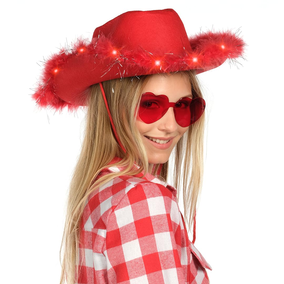 Funcredible Santa Light Up Cowboy Hat and Glasses - Christmas Cowgirl Hat - Feather Led Red Hats - Xmas Cowgirl Outfits for Women