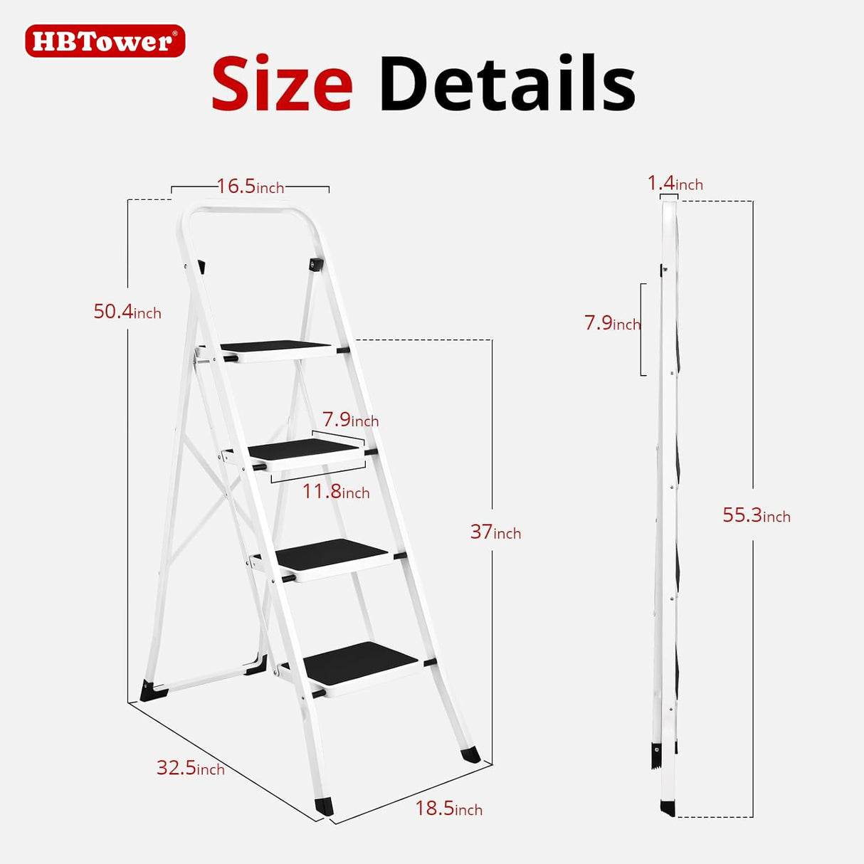 HBTower Step Ladder, Folding Step Stool for Adults with Anti-Slip Pedal, 330 lbs Capacity for Kitchen, Home, White