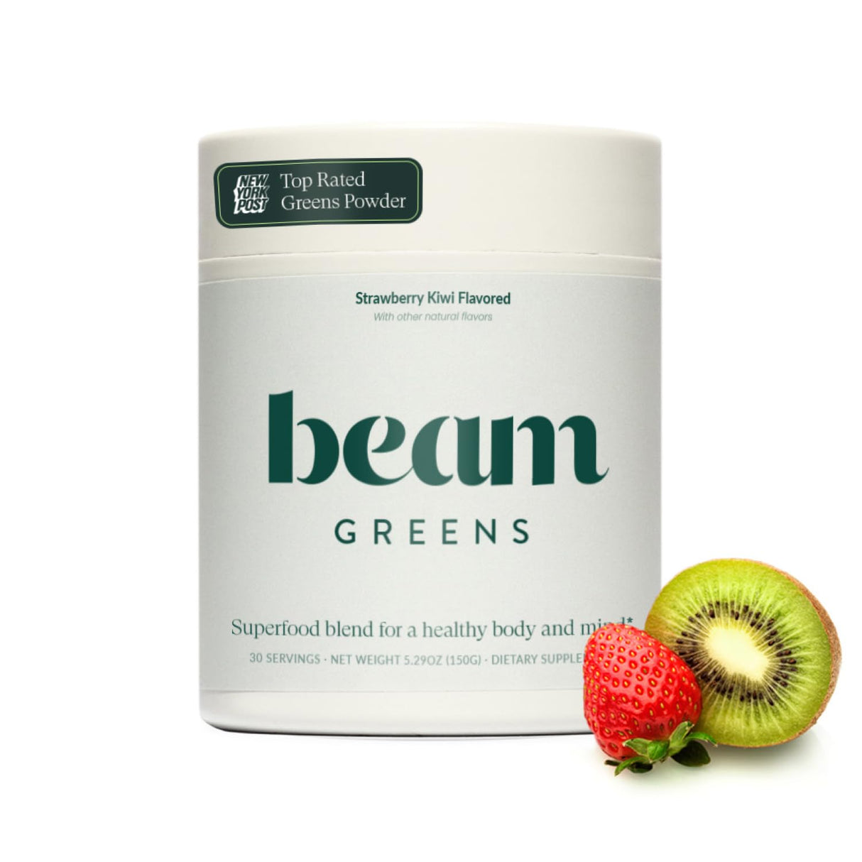 Beam Greens Powder, Superfood Supplement for Gut Health, Vegan Organic Blend with Ashwagandha, Vitamin C, B12, B6, D, Non-GMO Daily Detox & Immune Support, Strawberry Kiwi Flavor - 30 Servings