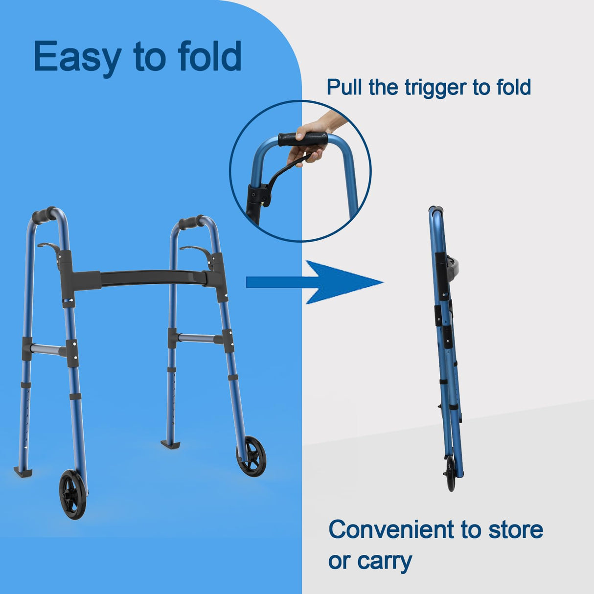 Loyoda Folding Walkers for Seniors,FSA/HSA Eligible Medical Walker 5'' Front Wheel Lightweight Walker with Storage Bag and Skis Glides Height Adjustable Aluminum Compact Standard Walker (Blue)