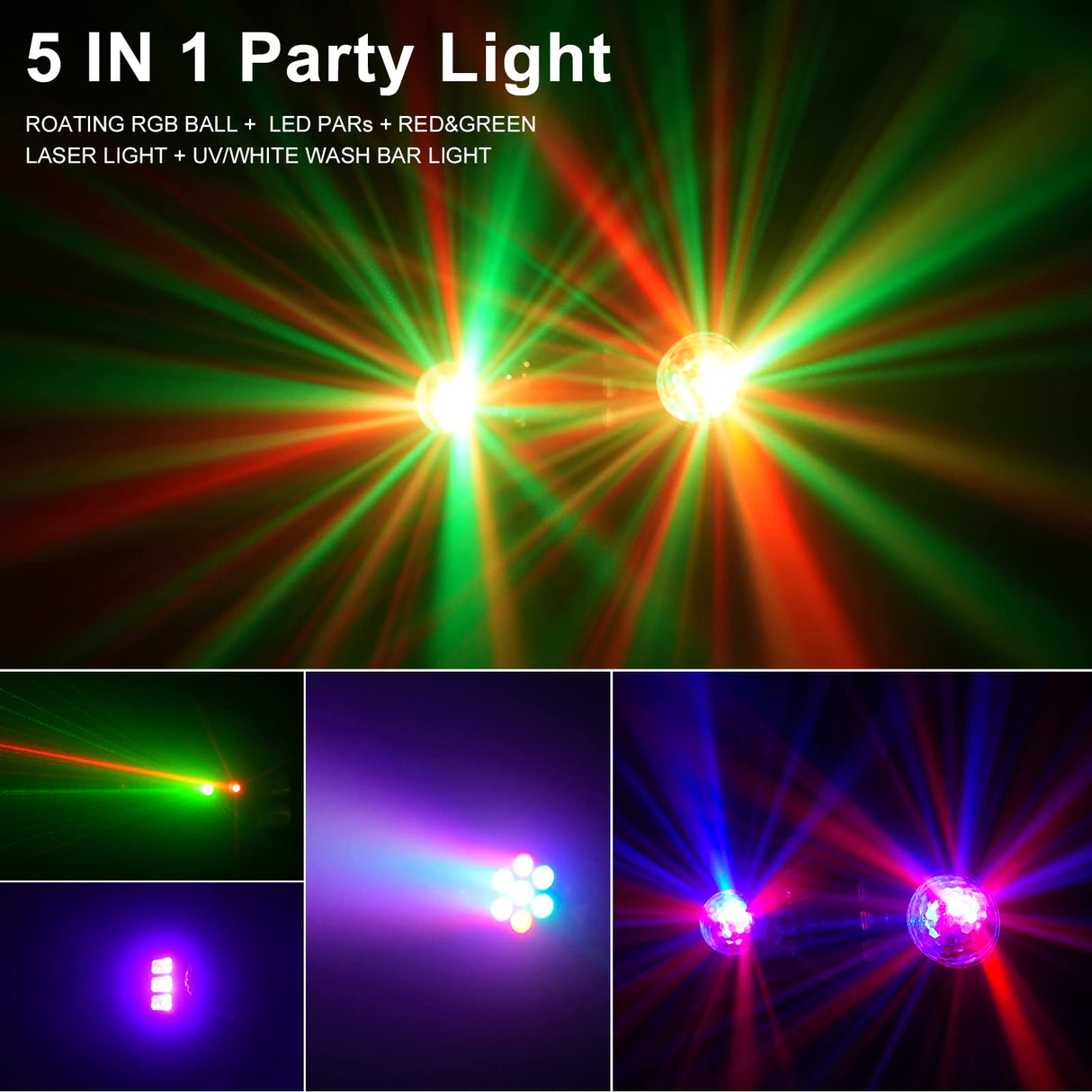 DJ Lights with Stand,5 in 1 Dj Lights for Parties Disco Ball Stage Party Light Set with Sound Activated Control, UV,Strobe, Dyeing, Led Par Light and Pattern Lighting for Bar Wedding Christmas-1PC