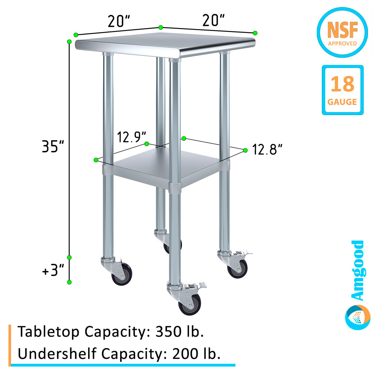 AmGood 20 in. x 20 in. Stainless Steel Work Table with Wheels | Metal Kitchen Food Prep Table | NSF
